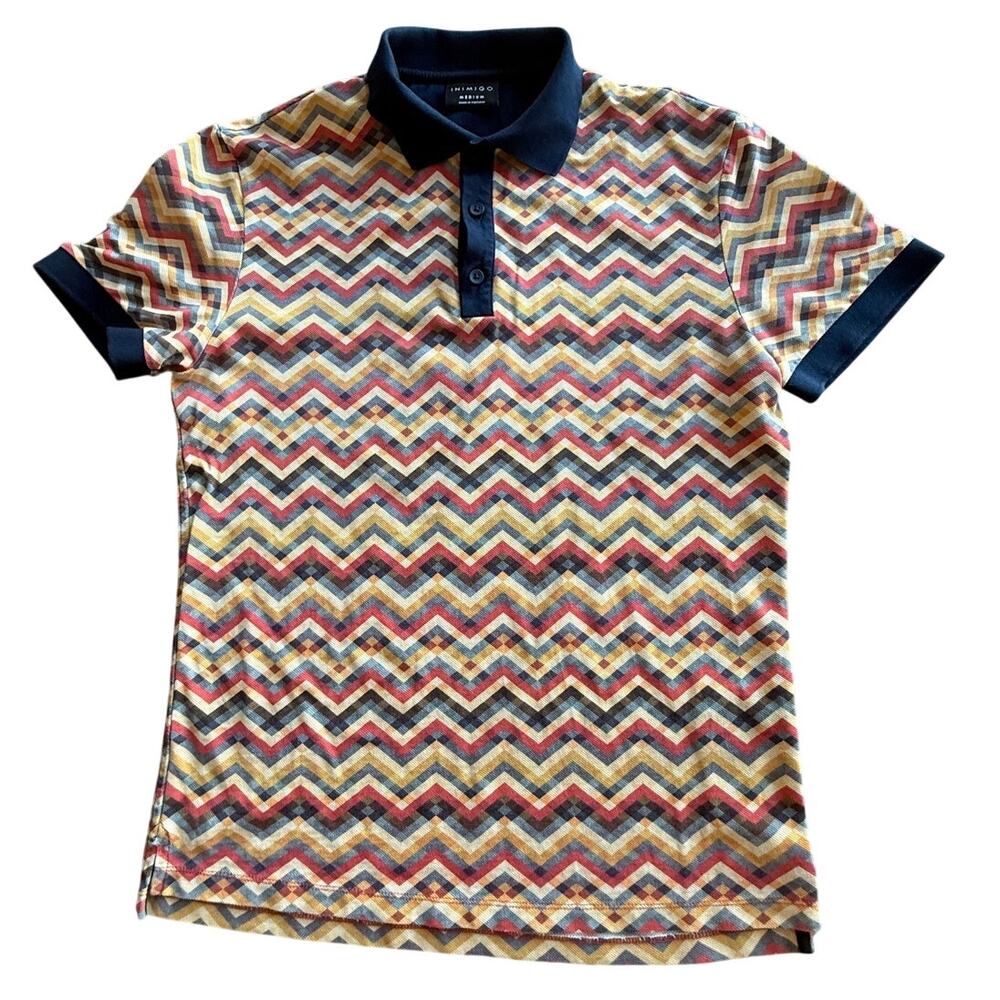 INIMIGO Men's Medium Multicolor Zig-Zag Chevron Polo Shirt 100% Cotton Portugal